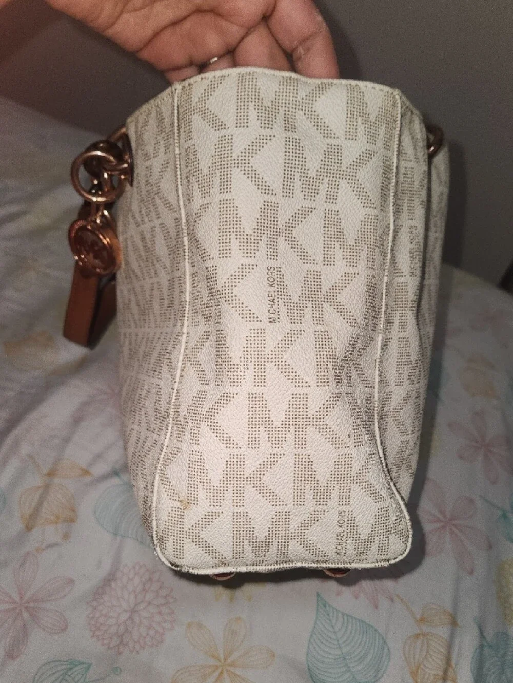 Michael Kors Cream Logo Tote with Brown Handles and Rose Gold Accents - Picture 8 of 9